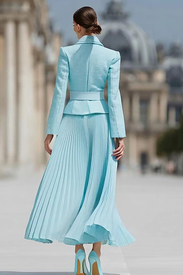 Light Blue 2 Piece A Line Notched Lapel Pleated Work Dress